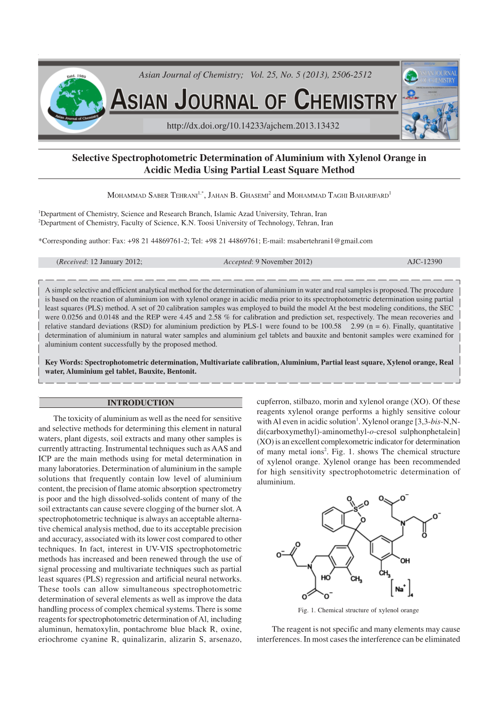 Selective Spectrophotometric Determination of Aluminium with Xylenol Orange in Acidic Media Using Partial Least Square Method