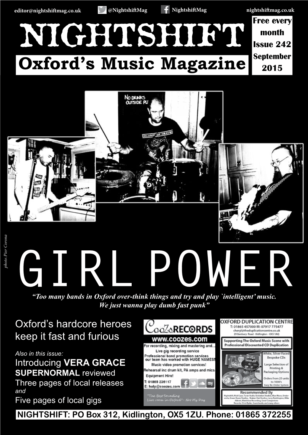 Nightshiftmag.Co.Uk @Nightshiftmag Nightshiftmag Nightshiftmag.Co.Uk Free Every Month NIGHTSHIFT Issue 242 September Oxford’S Music Magazine 2015