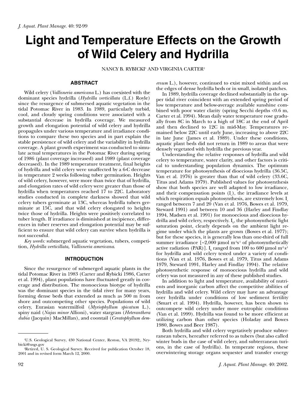 Light and Temperature Effects on the Growth of Wild Celery and Hydrilla