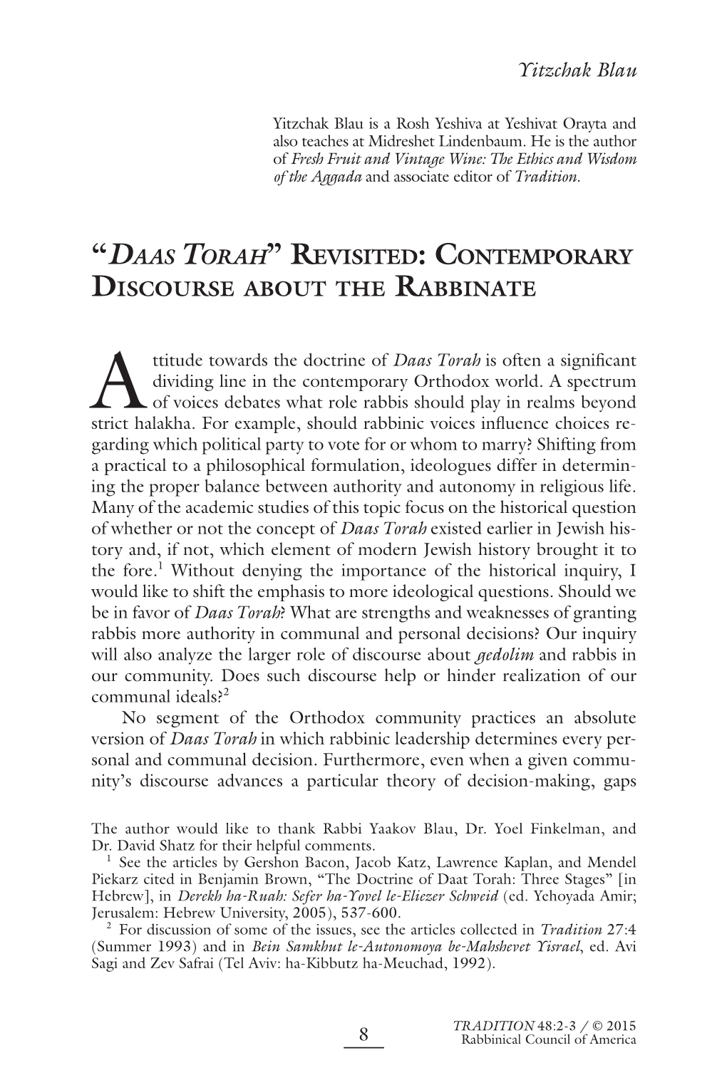 Yitzchak Blau “DAAS TORAH” REVISITED: CONTEMPORARY