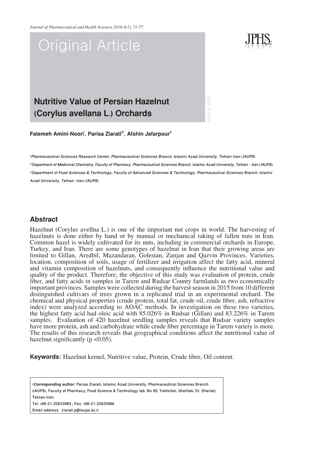 Nutritive Value of Persian Hazelnut (Corylus Avellana L.) Orchards