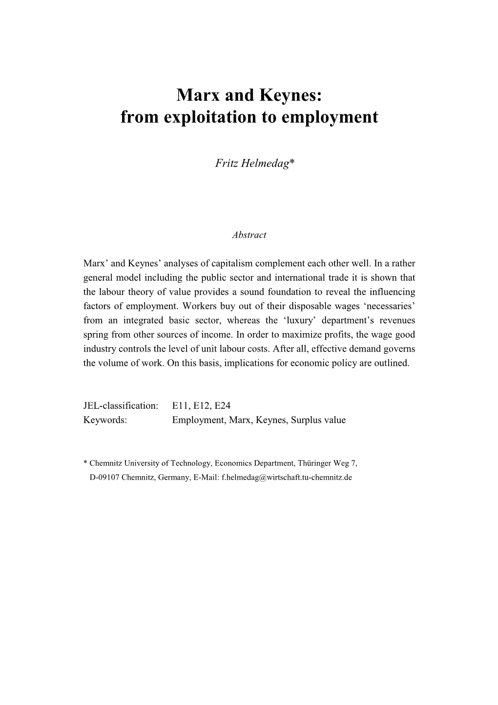 Marx and Keynes: from Exploitation to Employment