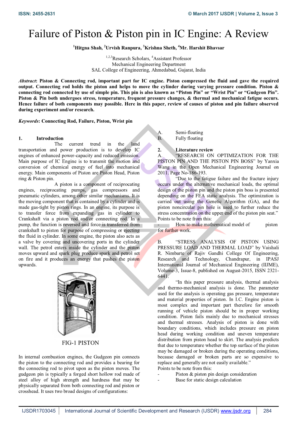 Failure of Piston & Piston Pin in IC Engine: a Review