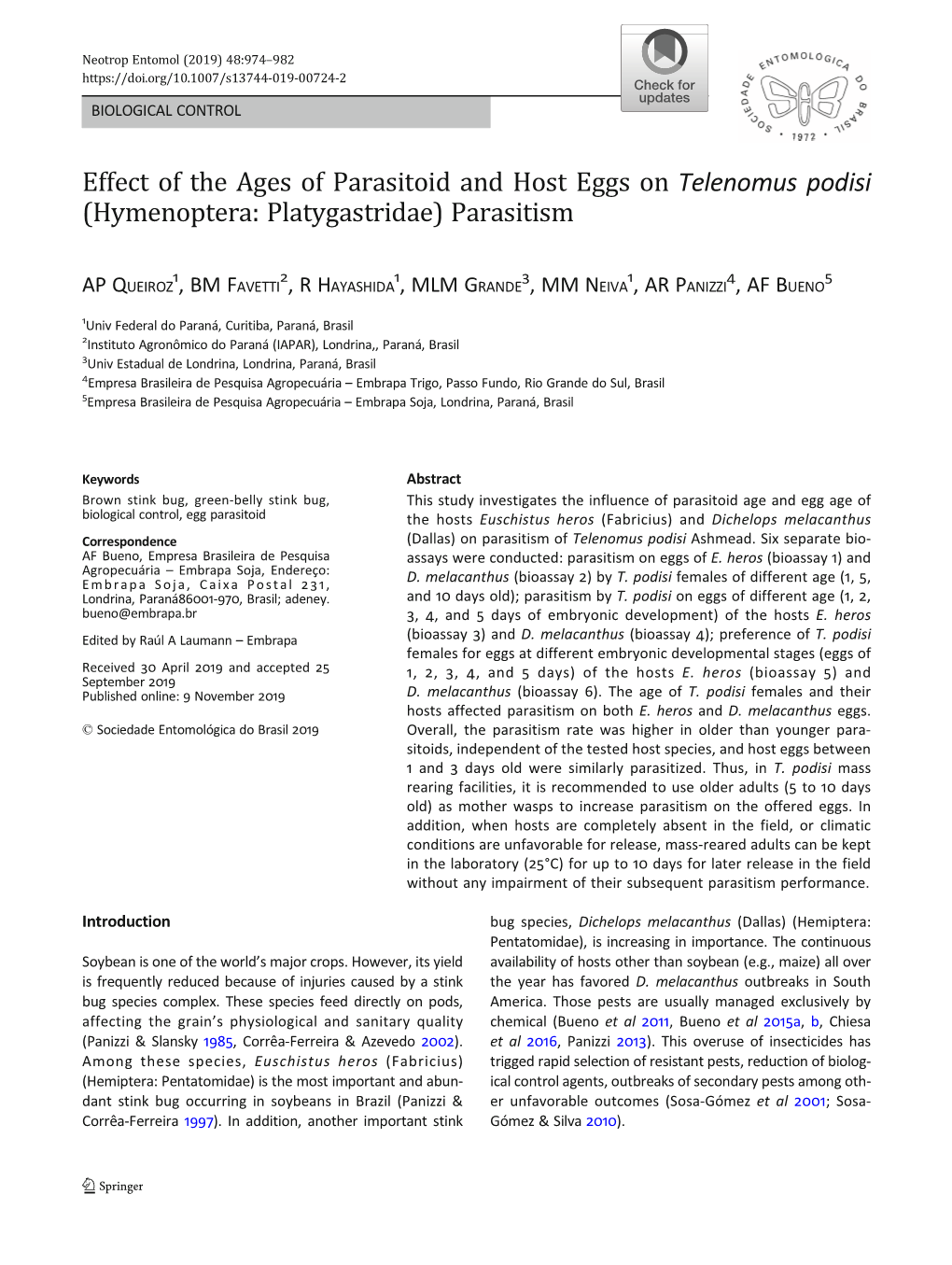 Effect of the Ages of Parasitoid and Host Eggs on Telenomus Podisi (Hymenoptera: Platygastridae) Parasitism
