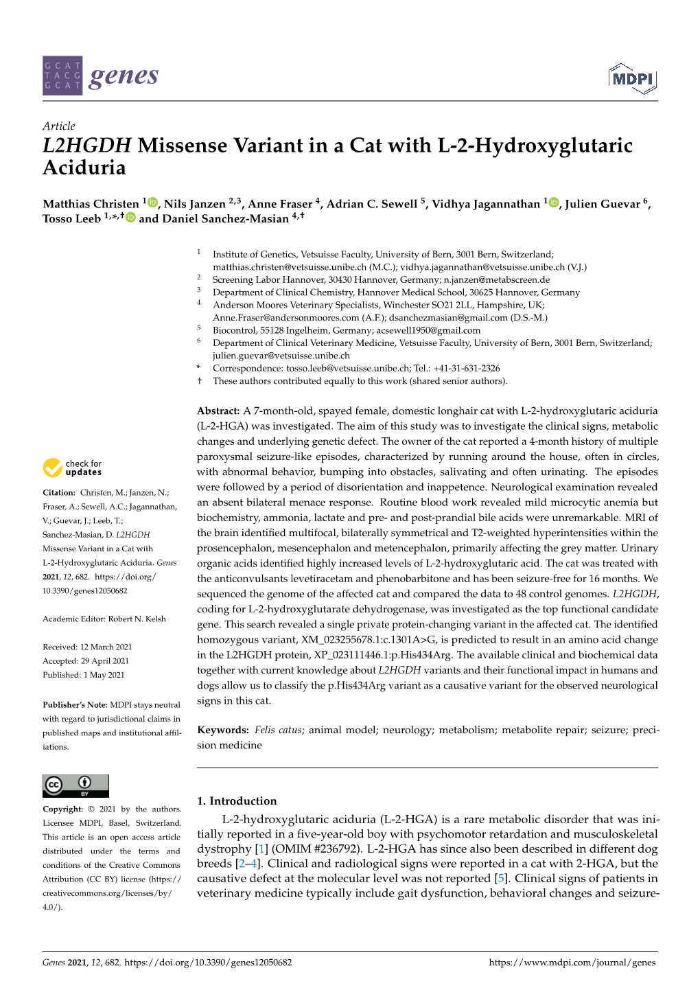 L2HGDH Missense Variant in a Cat with L-2-Hydroxyglutaric Aciduria