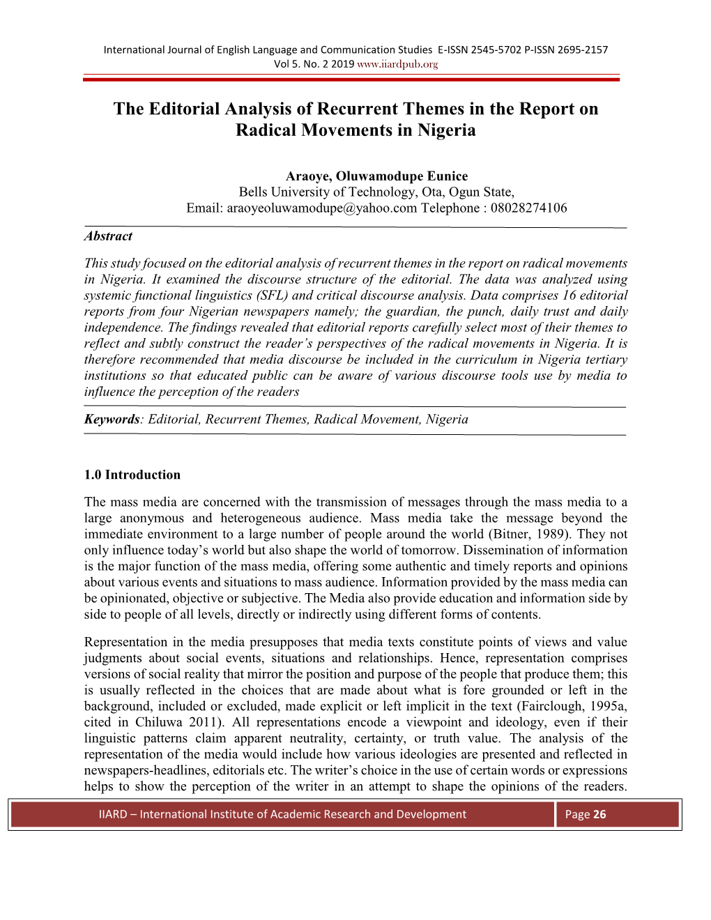 The Editorial Analysis of Recurrent Themes in the Report on Radical Movements in Nigeria