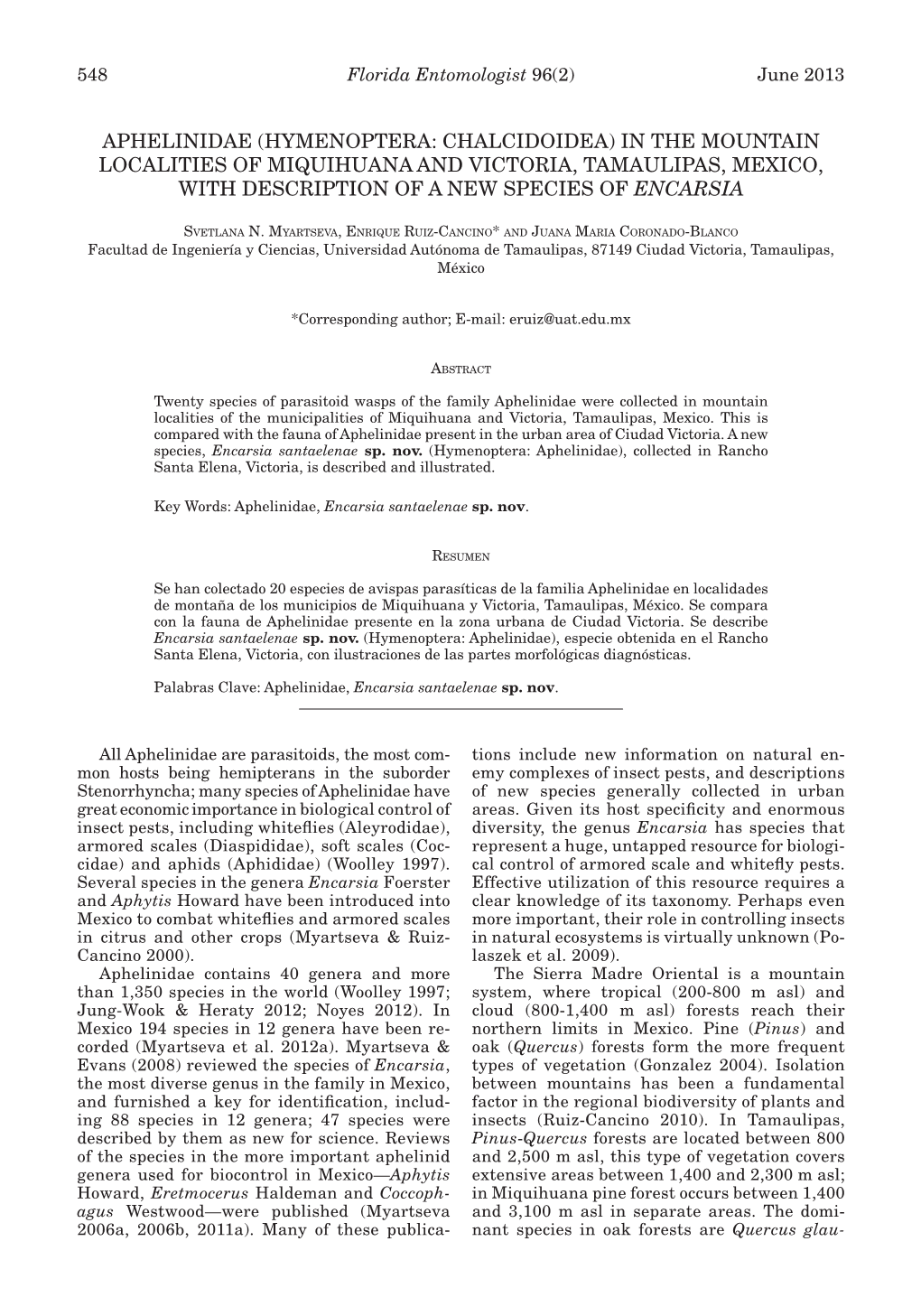 Aphelinidae (Hymenoptera: Chalcidoidea) in the Mountain Localities of Miquihuana and Victoria, Tamaulipas, Mexico, with Description of a New Species of Encarsia