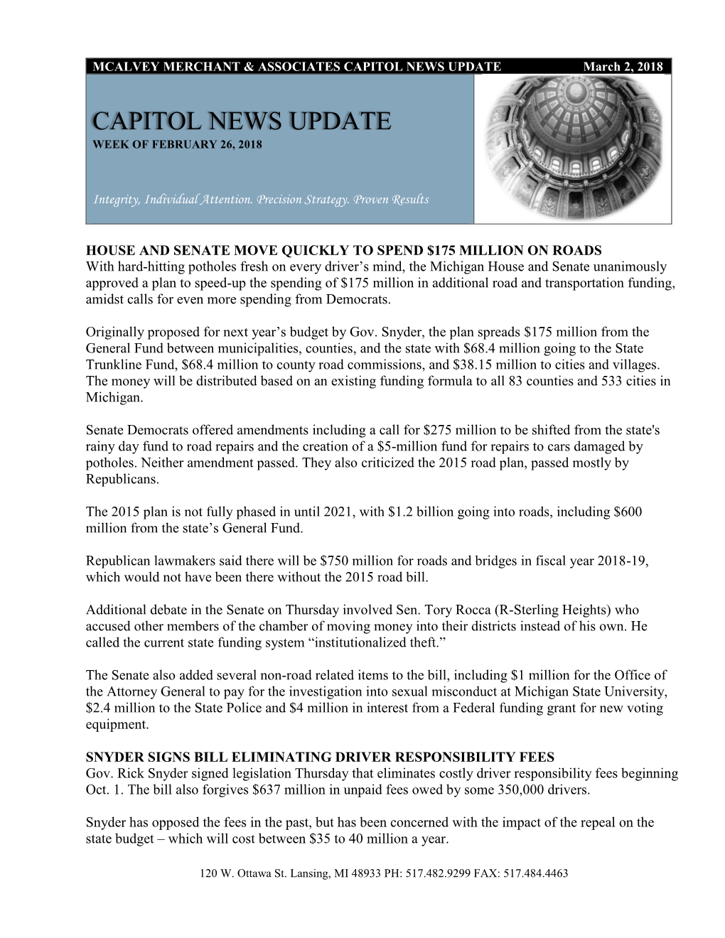 CAPITOL NEWS UPDATE March 2, 2018