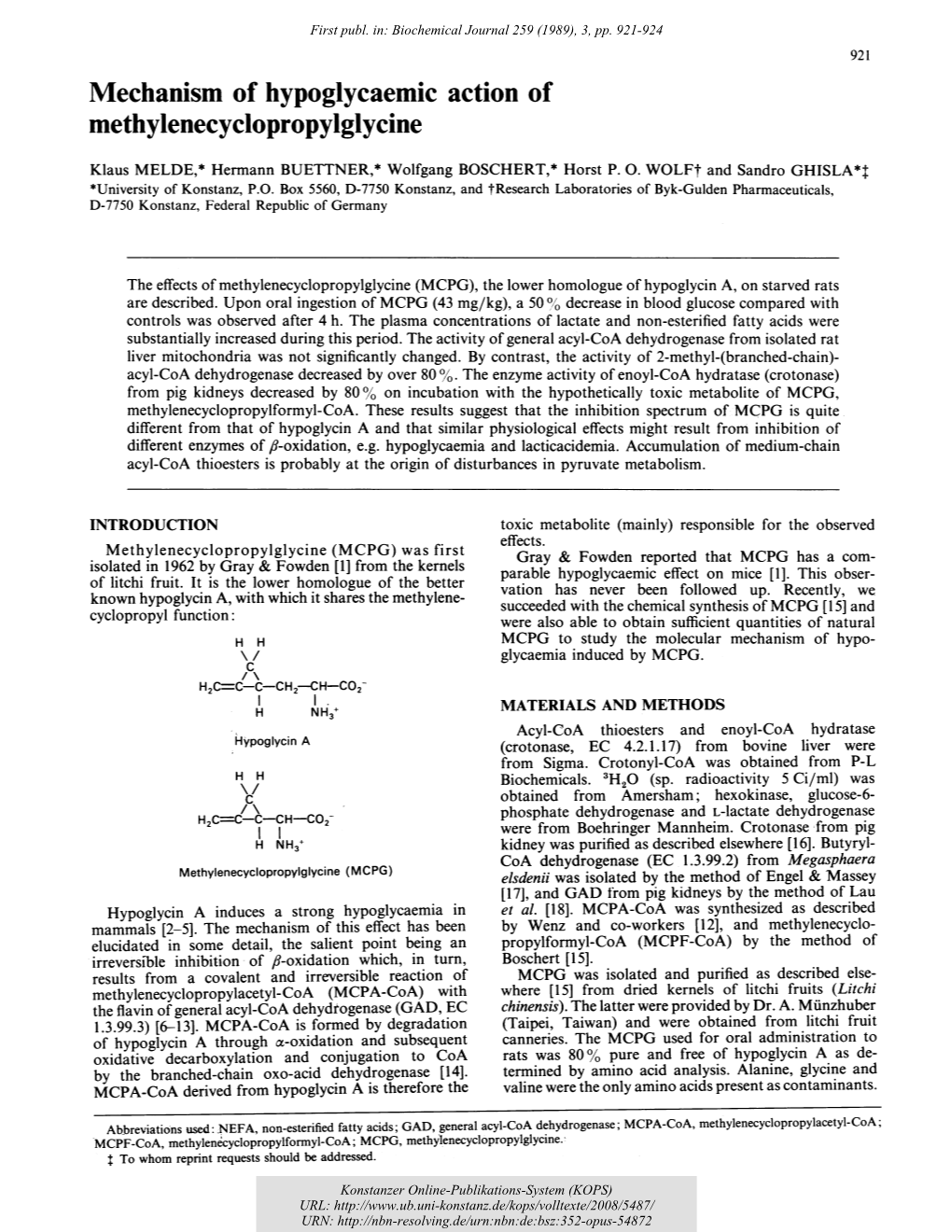 Mechanism of Hypoglycaemic Action of Methylenecyclopropylglycine