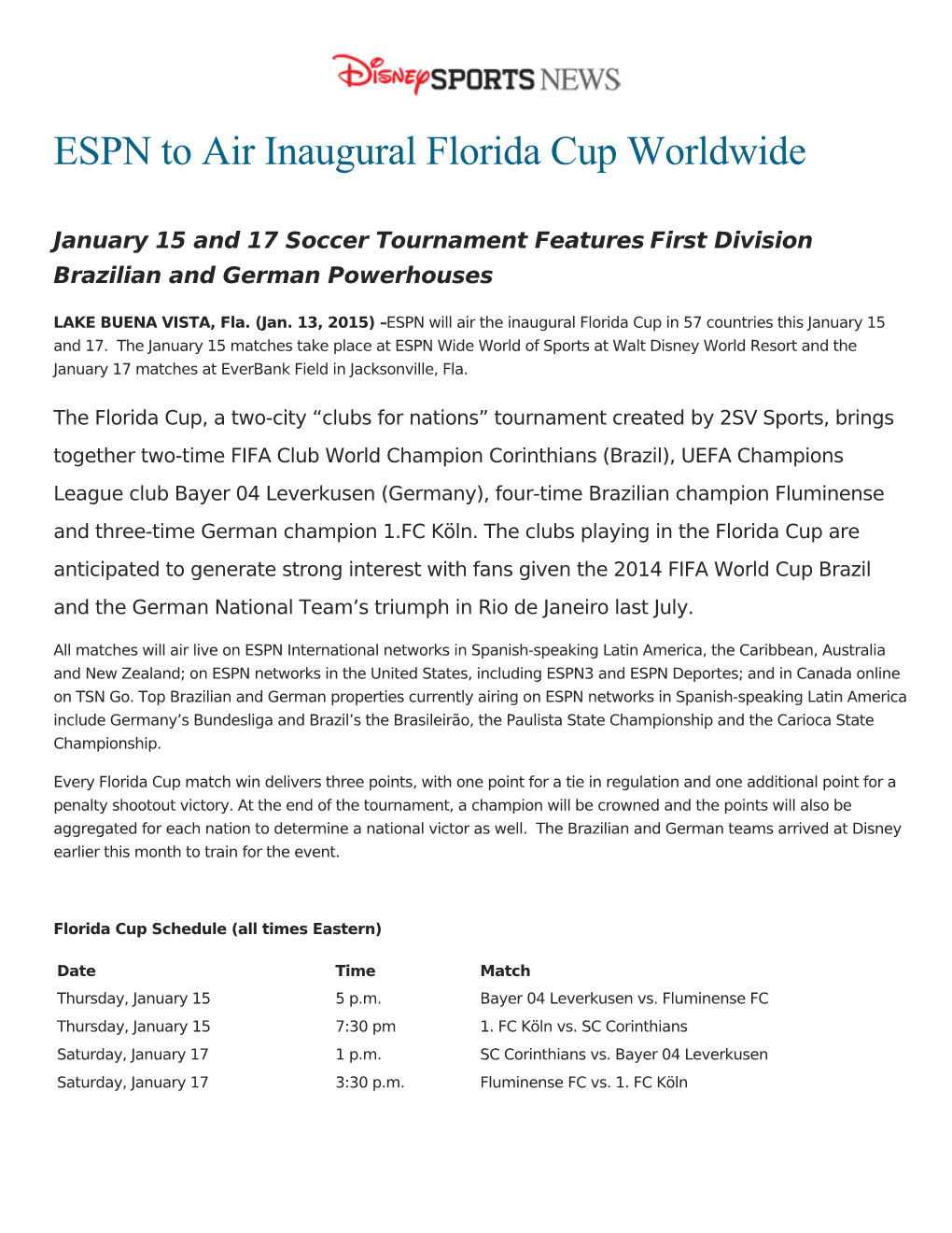 ESPN to Air Inaugural Florida Cup Worldwide