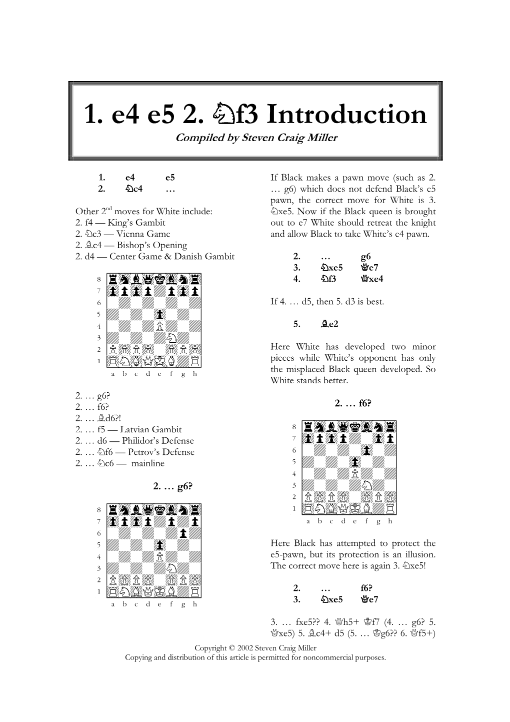 1. E4 E5 2. Nf3 Introduction by Steven Craig Miller Page 2 6