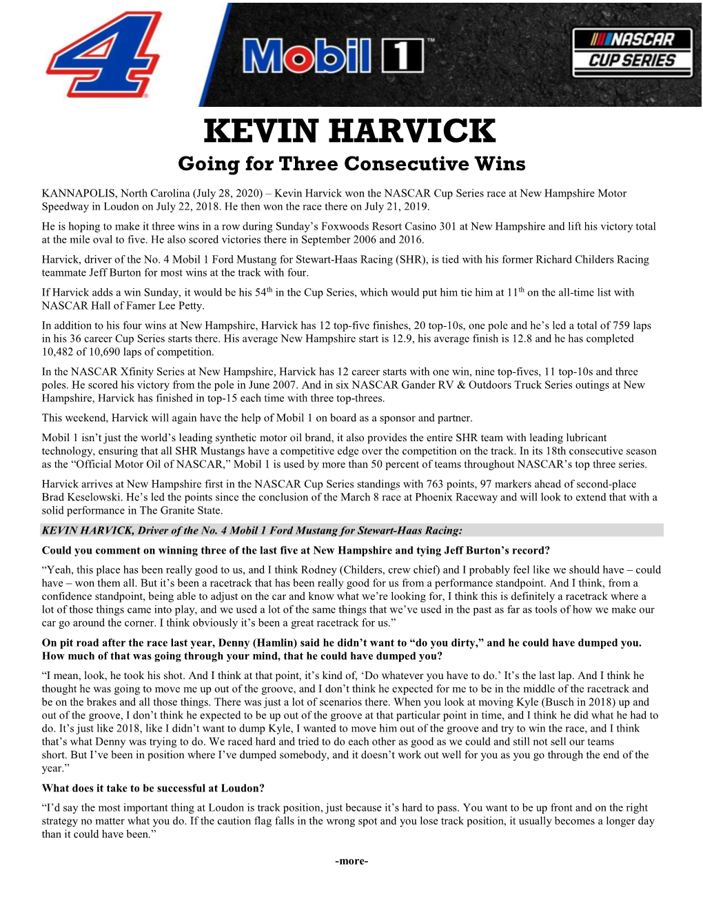 KEVIN HARVICK Going for Three Consecutive Wins