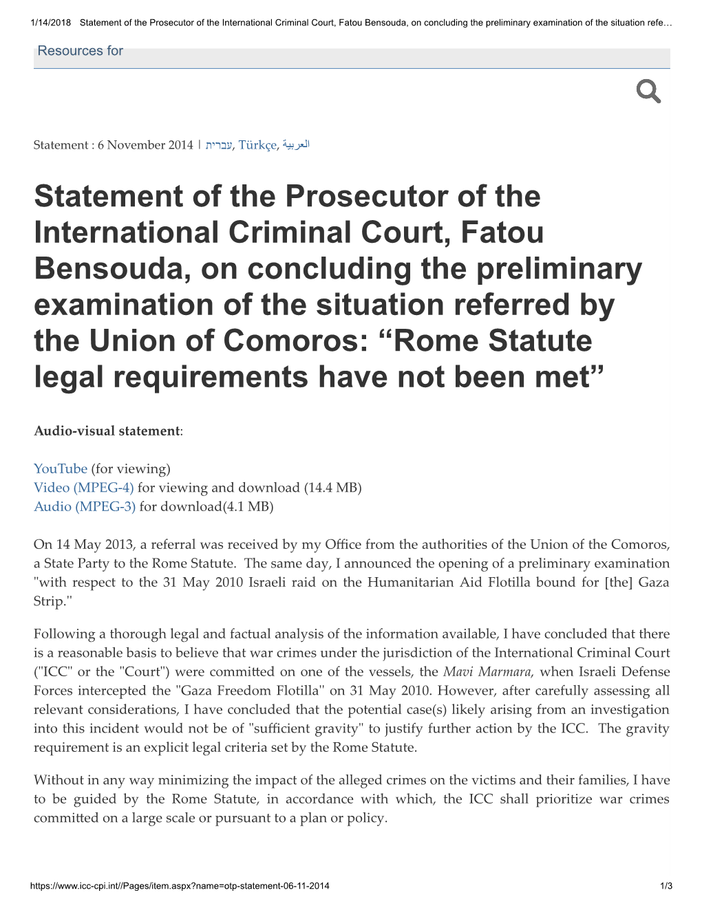 Statement of the Prosecutor of the International Criminal Court, Fatou Bensouda, on Concluding the Preliminary Examination of the Situation Refe…