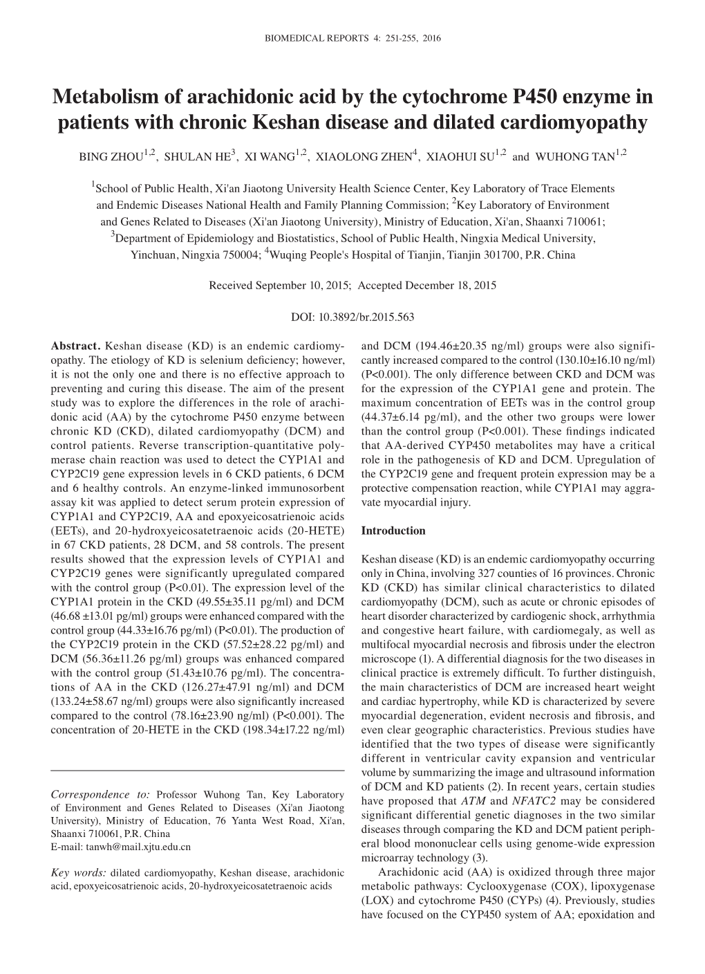 Metabolism of Arachidonic Acid by the Cytochrome P450 Enzyme in Patients with Chronic Keshan Disease and Dilated Cardiomyopathy