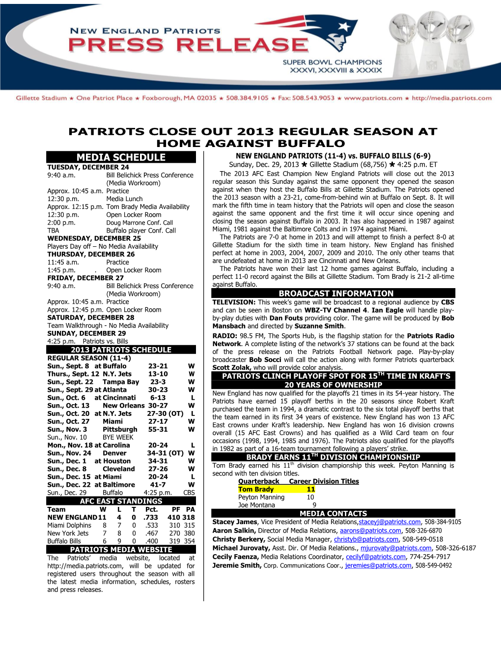 Patriots Close out 2013 Regular Season at Home Against Buffalo