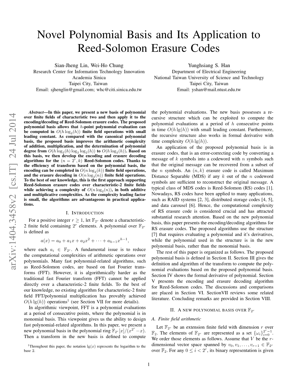 Novel Polynomial Basis and Its Application to Reed-Solomon Erasure Codes