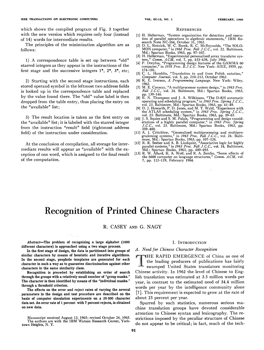 Recognition of Printed Chinese Characters