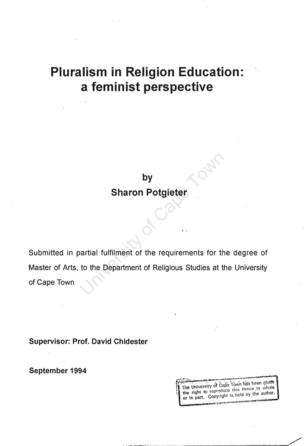 Pluralism in Religion Education: a Feminist Perspective