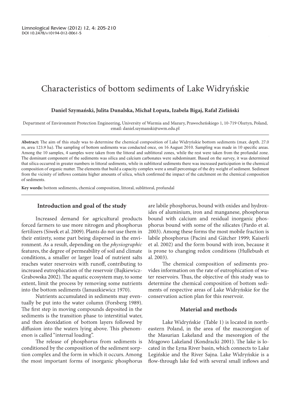 Characteristics of Bottom Sediments of Lake Widryńskie 205
