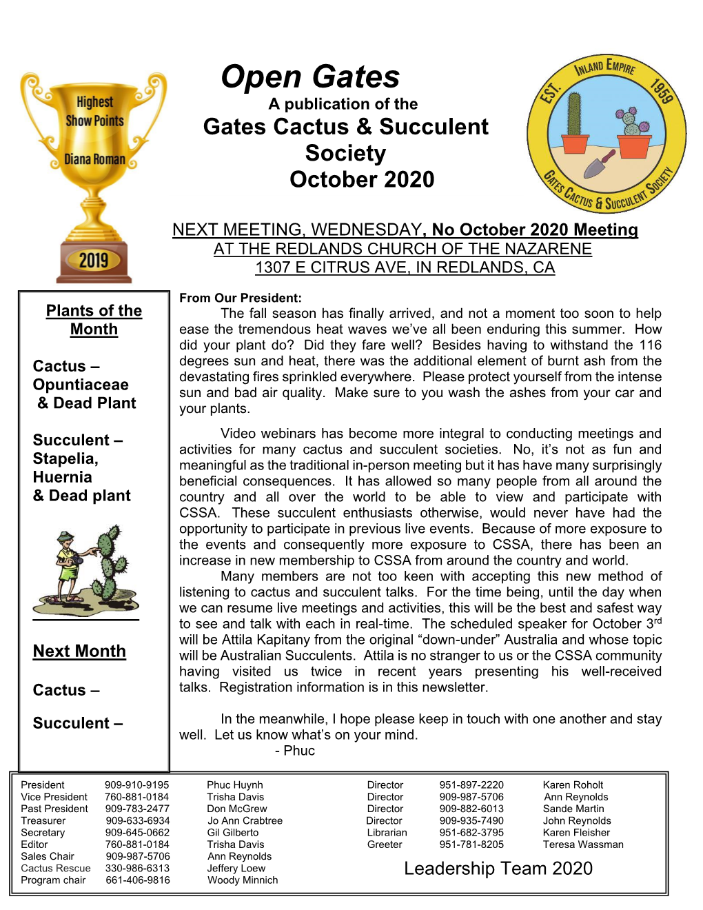 Open Gates a Publication of the Gates Cactus & Succulent Society October 2020
