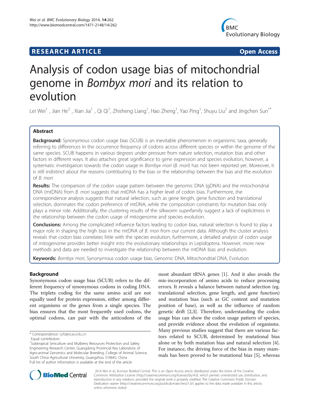 Analysis of Codon Usage Bias of Mitochondrial Genome in Bombyx