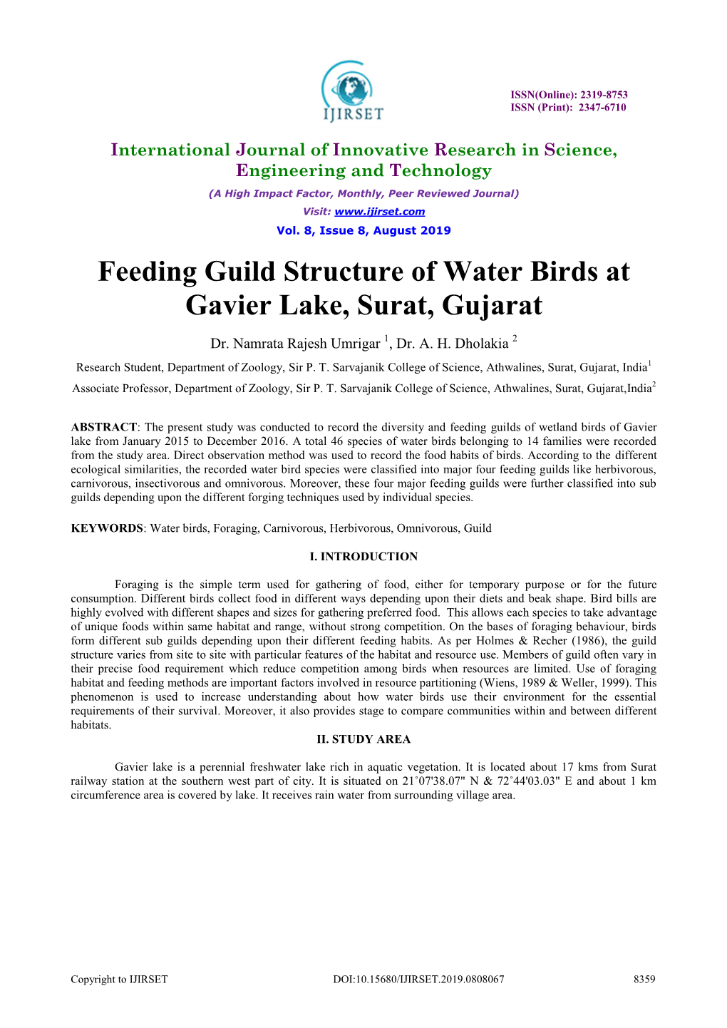 Feeding Guild Structure of Water Birds at Gavier Lake, Surat, Gujarat