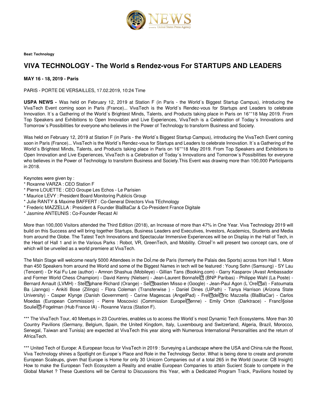 VIVA TECHNOLOGY - the World S Rendez-Vous for STARTUPS and LEADERS