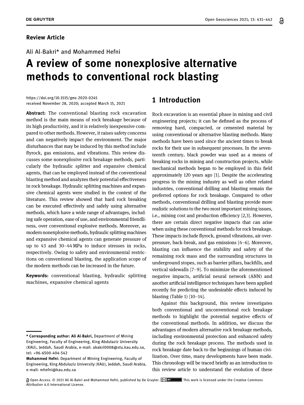 A Review of Some Nonexplosive Alternative Methods to Conventional Rock Blasting