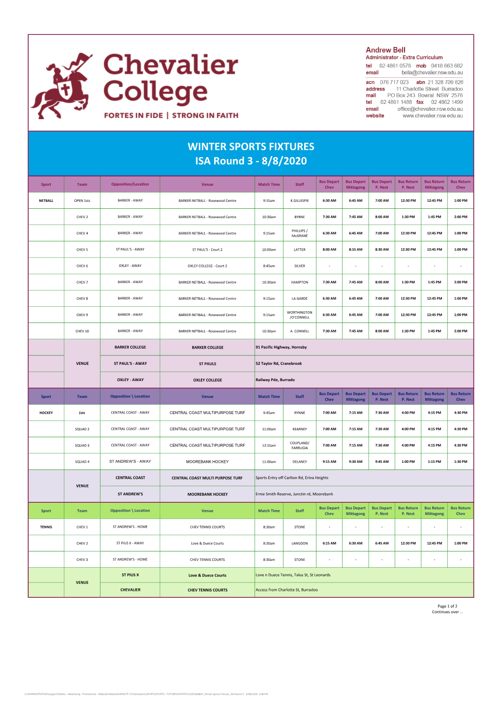 WINTER SPORTS FIXTURES ISA Round 3 - 8/8/2020