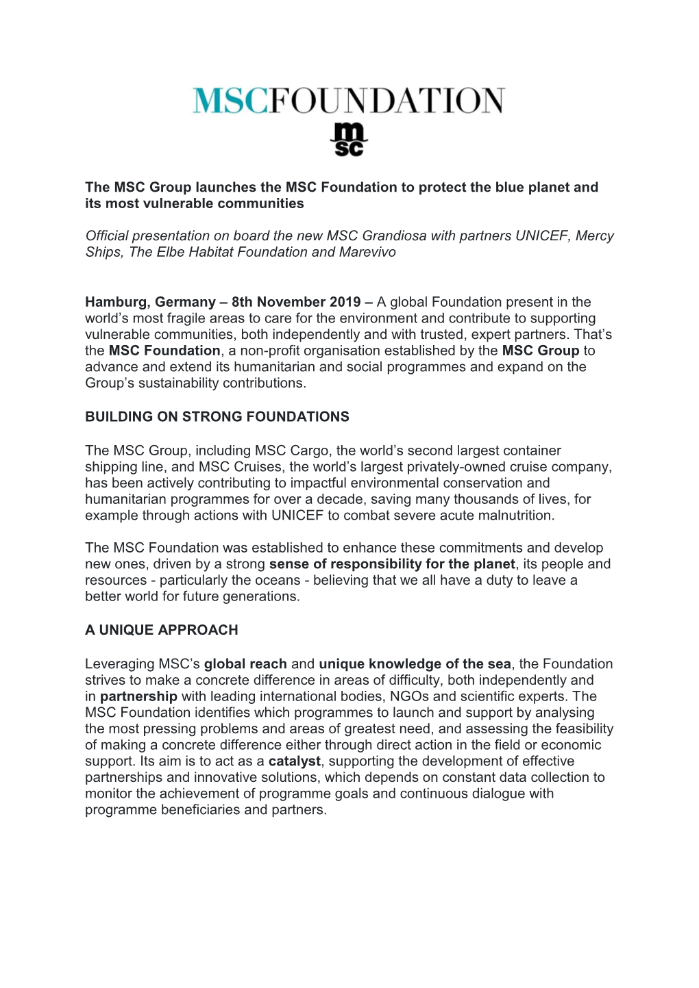 The MSC Group Launches the MSC Foundation to Protect the Blue Planet and Its Most Vulnerable Communities