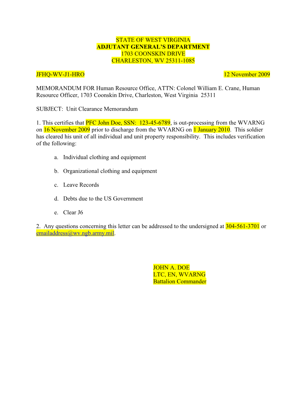 Sample Unit Clearance Memo