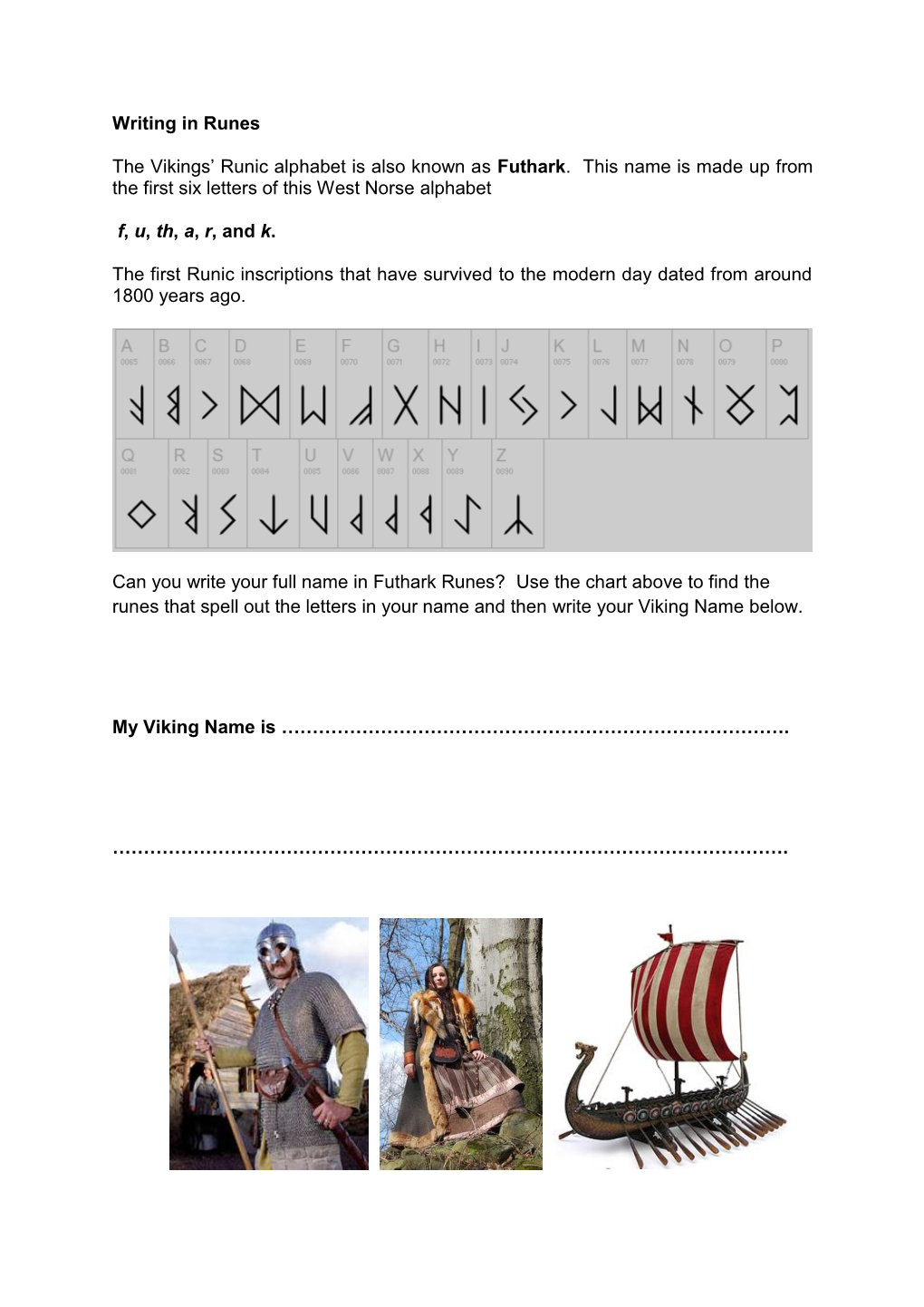 Writing in Runes the Vikings' Runic Alphabet Is Also Known As Futhark