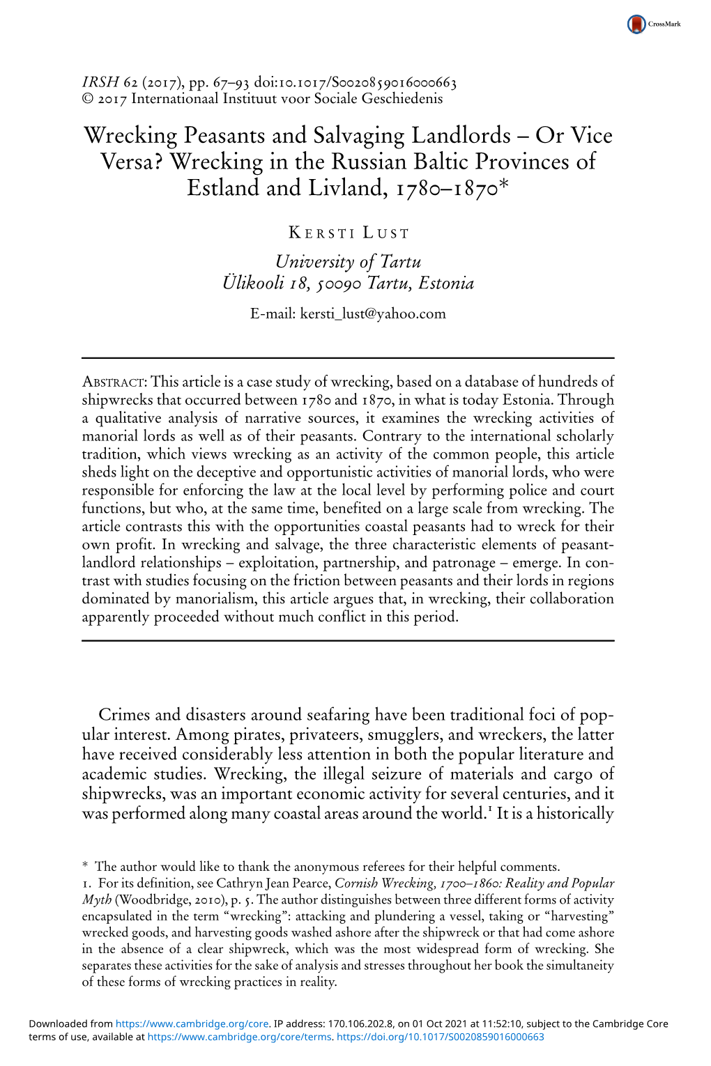 Wrecking Peasants and Salvaging Landlords – Or Vice Versa? Wrecking in the Russian Baltic Provinces of Estland and Livland, 1780–1870*