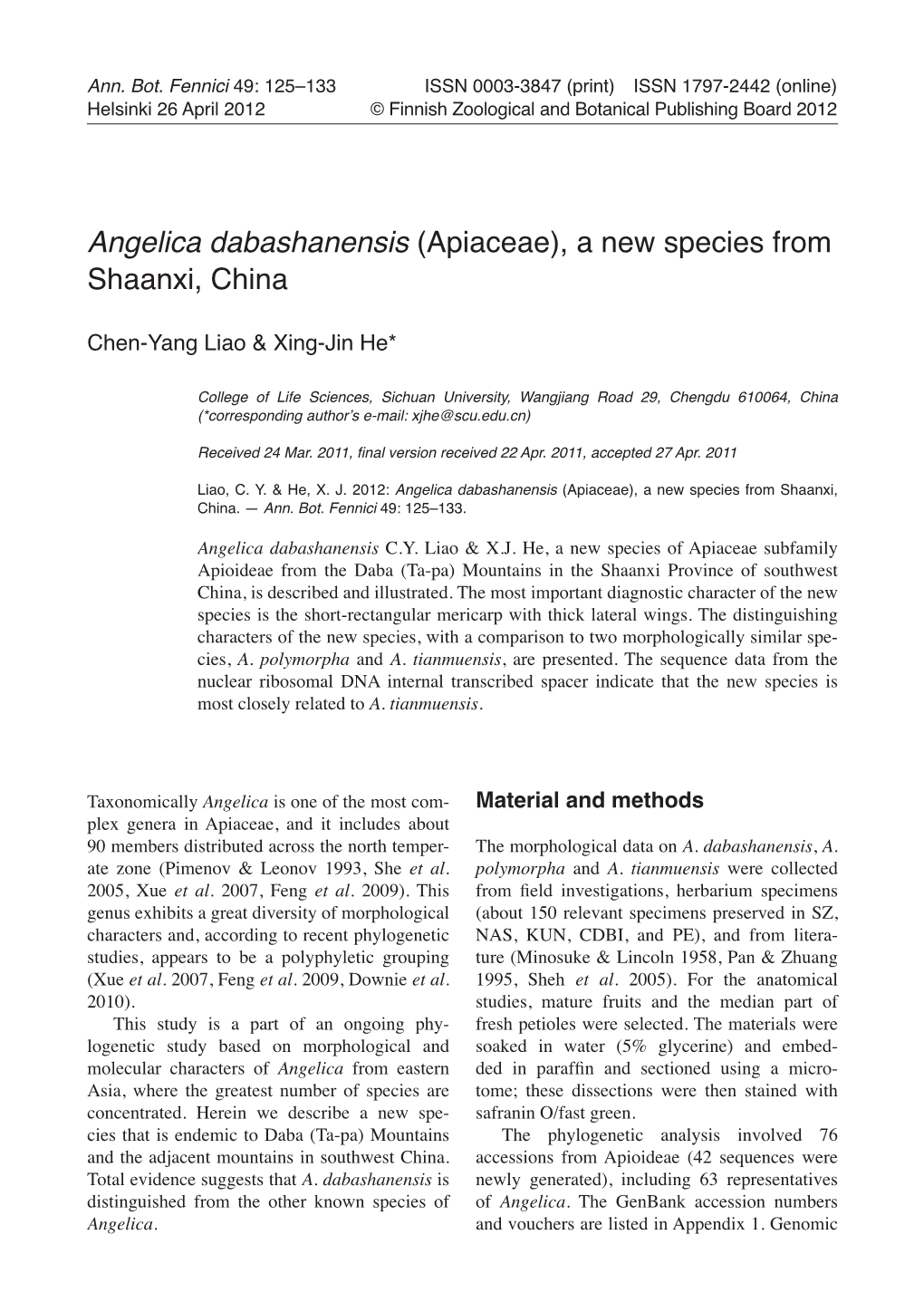 Apiaceae), a New Species from Shaanxi, China