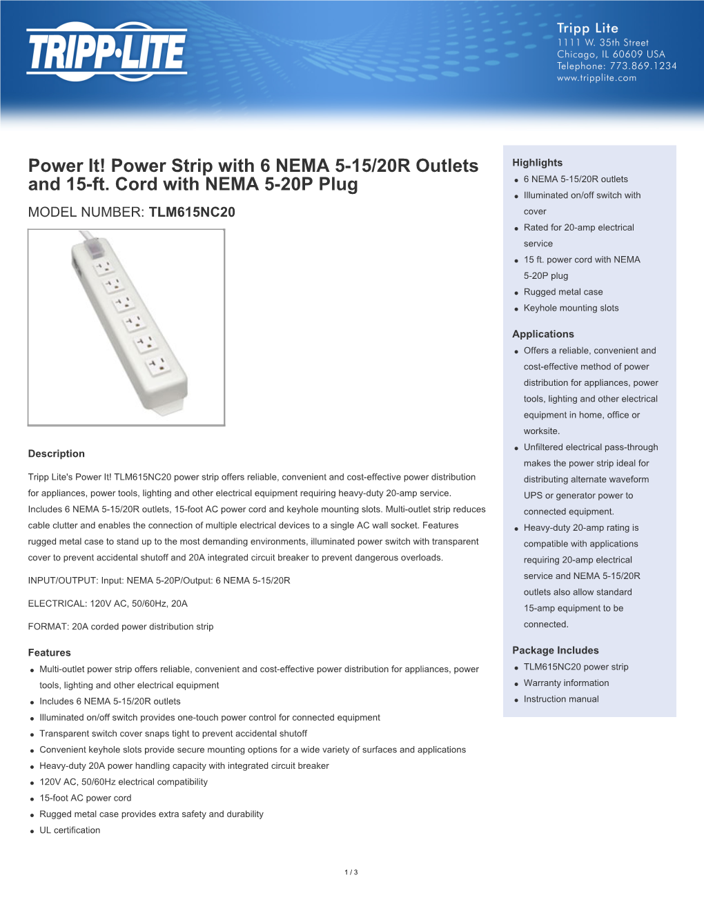 Power It! Power Strip with 6 NEMA 5-15/20R Outlets and 15-Ft. Cord