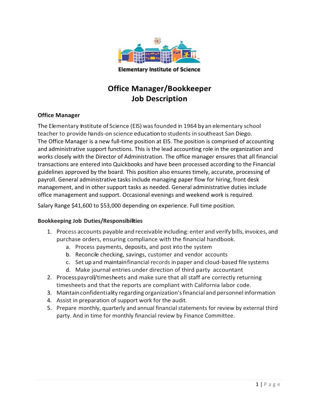 Office Manager/Bookkeeper Job Description