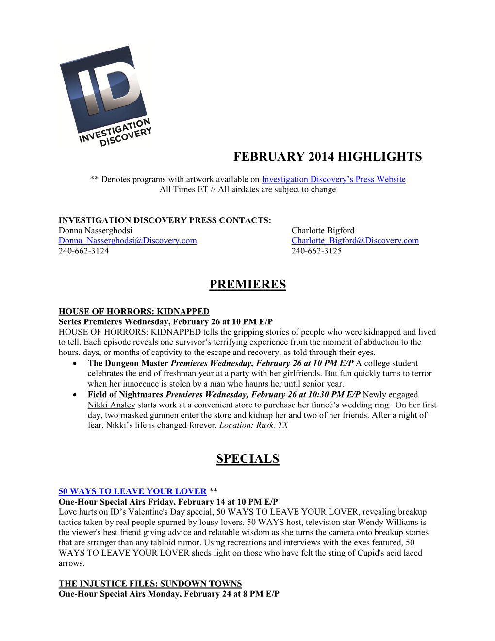 Investigation Discovery's February 2014 Programming Highlights