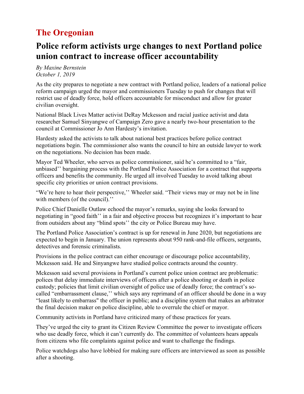 The Oregonian Police Reform Activists Urge Changes to Next Portland Police Union Contract to Increase Officer Accountability