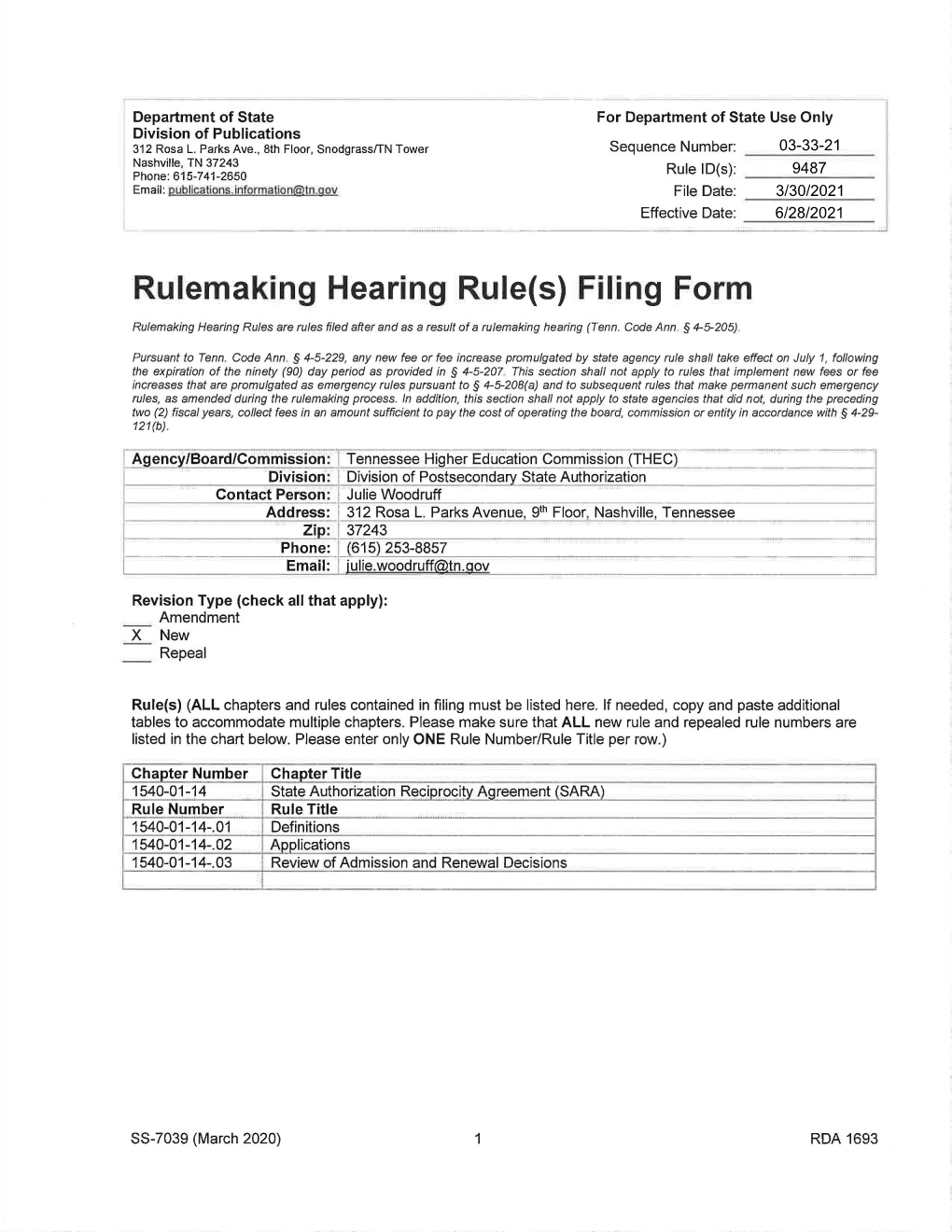 03-33-21 Nashville, TN 37243 Phone: 615-7 41-2650 Rule ID(S): 9487 Email: Pub'llcations.Lnformallon@Ln.Gov File Date: 3/30/2021 Effective Date: 6/28/2021