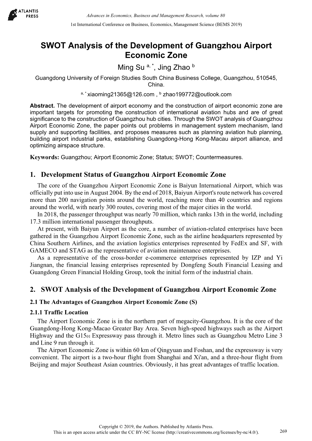 SWOT Analysis of the Development of Guangzhou Airport Economic Zone