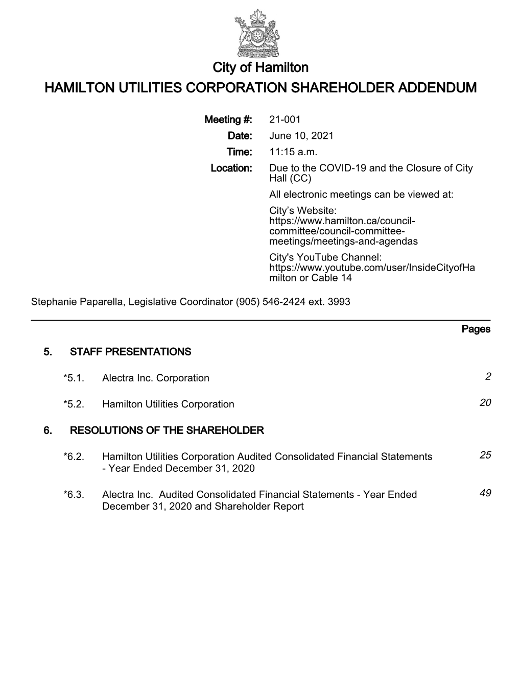 Hamilton Utilities Corporation Shareholder Agenda Package