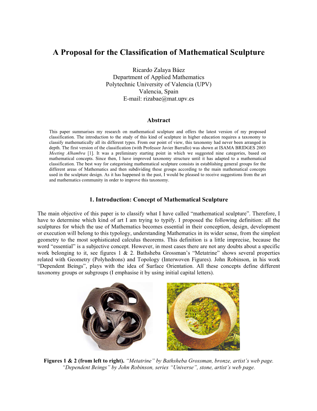 Mathematical Sculpture Classification: Present Proposal