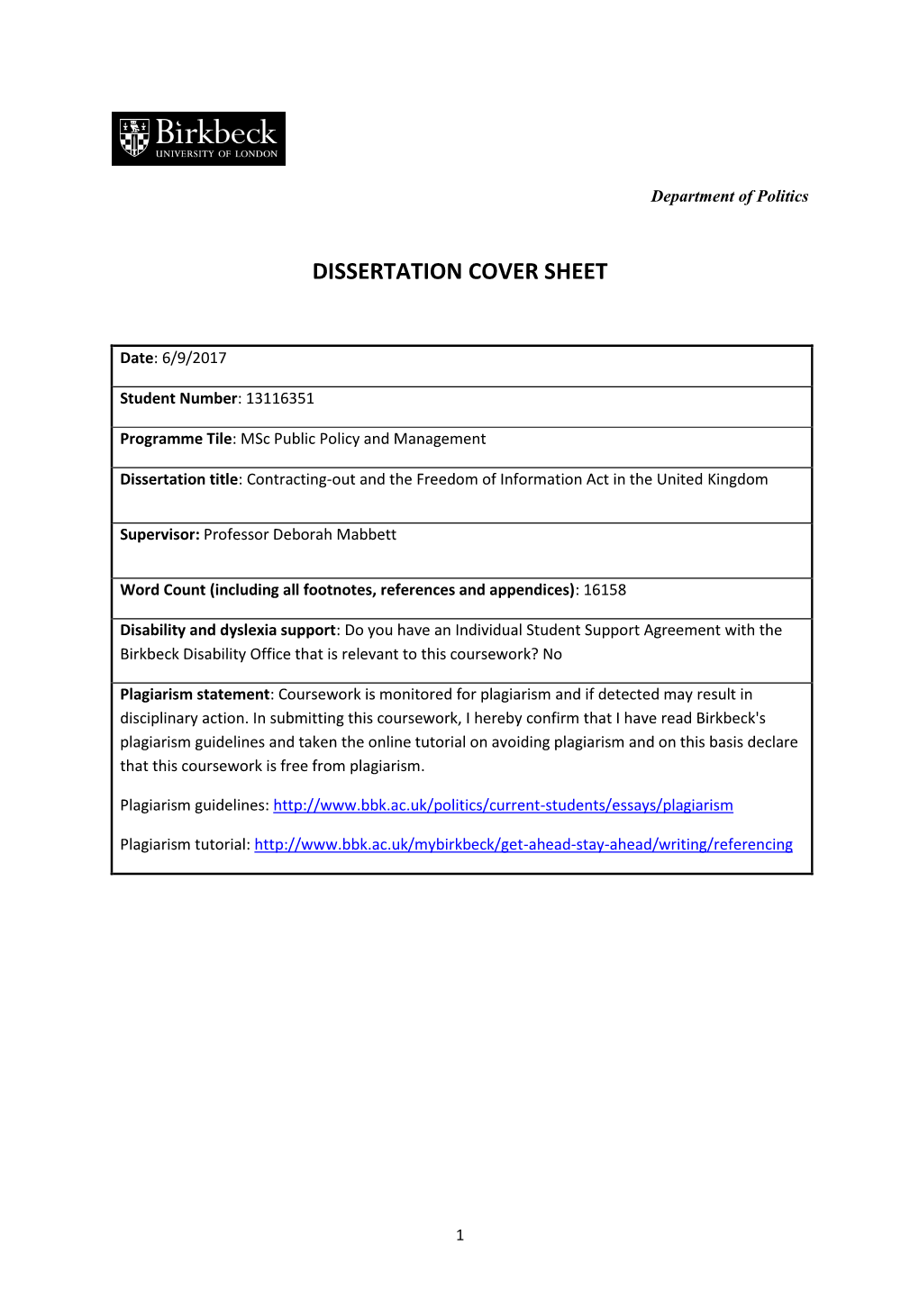Dissertation Cover Sheet