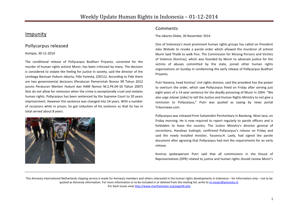 Weekly Update Human Rights in Indonesia – 01-12-2014 Impunity