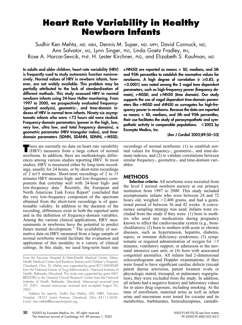 Heart Rate Variability in Healthy Newborn Infants