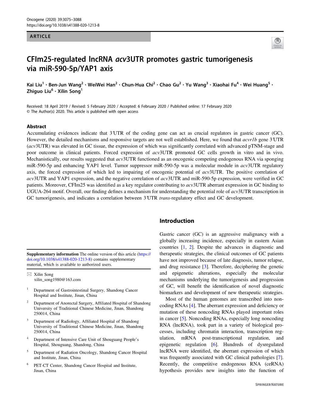 Cfim25-Regulated Lncrna Acv3utr Promotes Gastric Tumorigenesis Via Mir-590-5P/YAP1 Axis