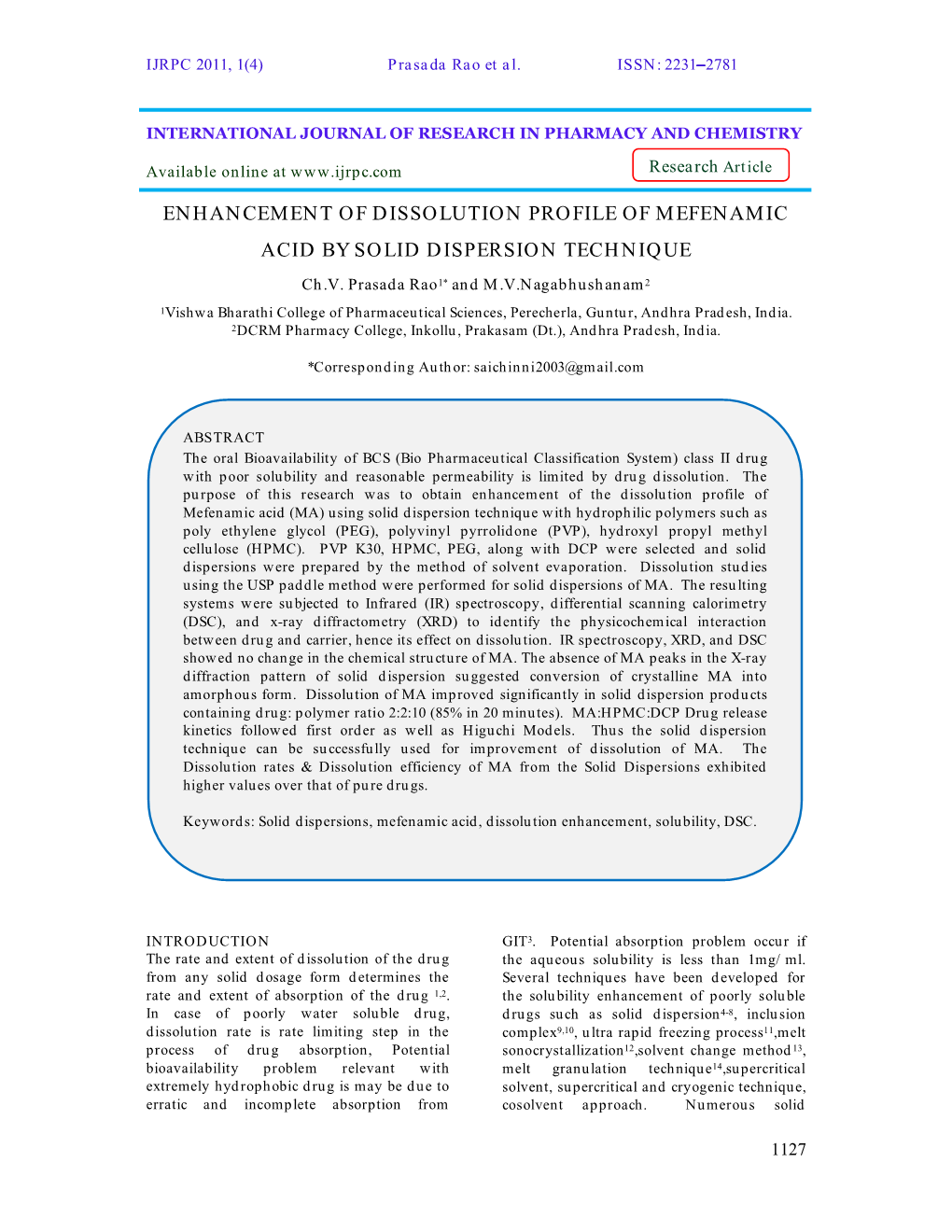 Enhancement of Dissolution Profile of Mefenamic Acid by Solid Dispersion Technique