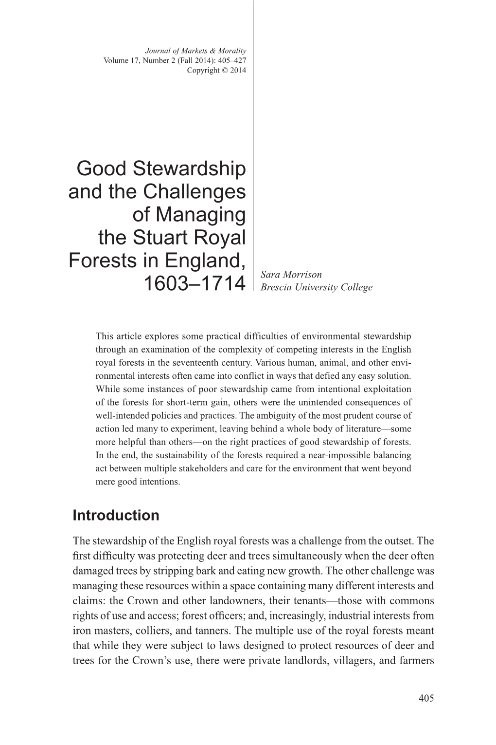 Good Stewardship and the Challenges of Managing the Stuart Royal Forests in England, Sara Morrison 1603–1714 Brescia University College