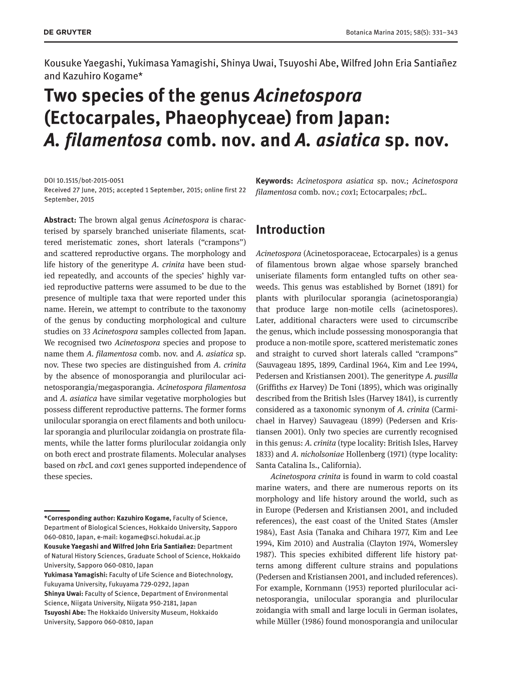 Two Species of the Genus Acinetospora (Ectocarpales, Phaeophyceae) from Japan: A