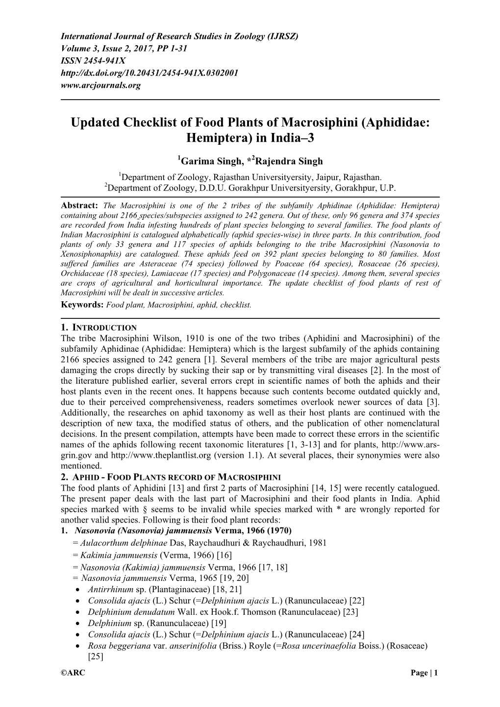 Updated Checklist of Food Plants of Macrosiphini (Aphididae: Hemiptera) in India–3